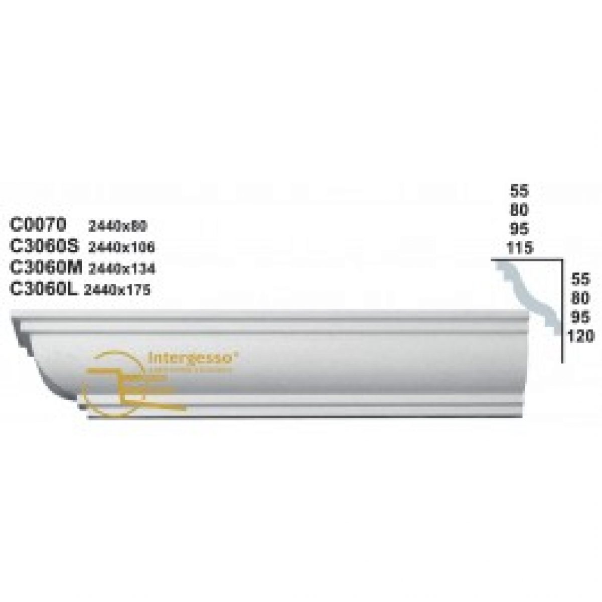 Cornice Moulding in Plaster C3060L (2440 x 175 mm)