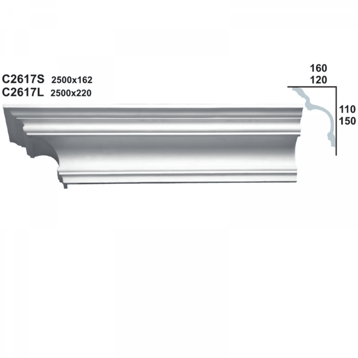Cornice Moulding in Plaster C2617S (2500 x 162 mm)